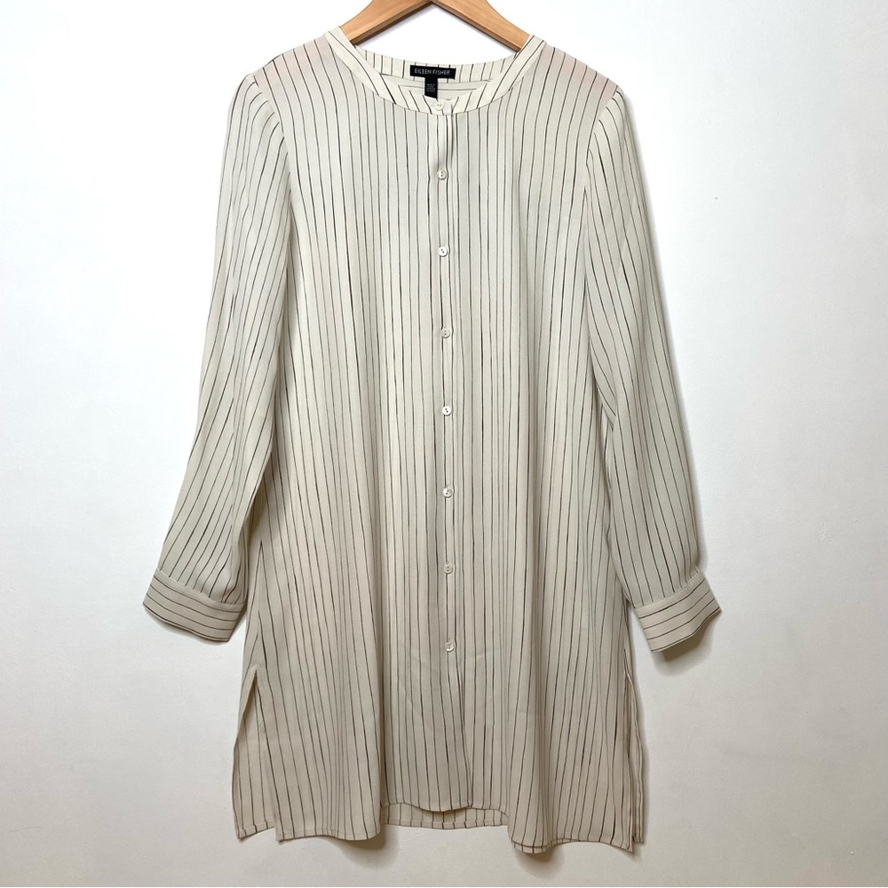 EILEEN FISHER Silk Painterly Stripe Mandarin Collar Long Shirt